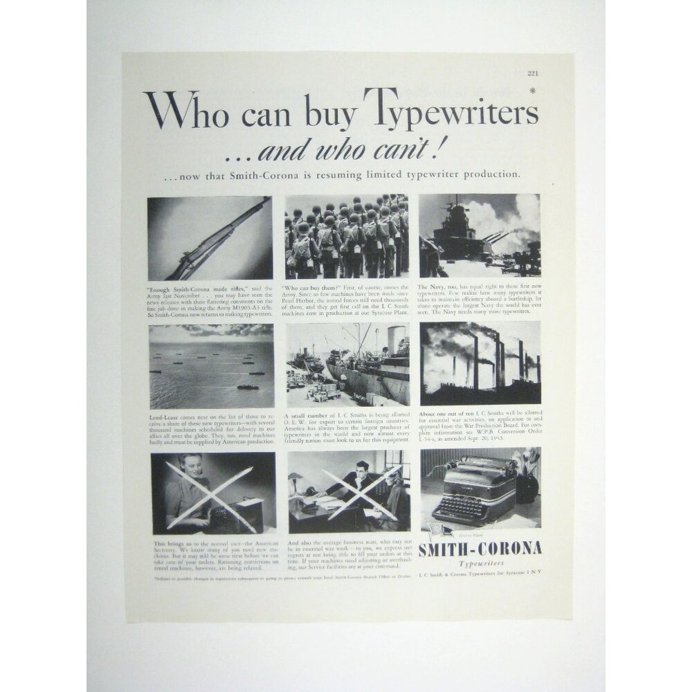 Smith-Corona 1944 Vintage Print Ad Limited Typewriter Production WWII Era